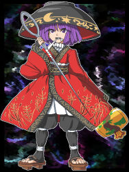  1girl abstract_background aksawshin alternate_costume bandage_in_mouth bandages bowl bowl_hat clenched_teeth commentary full_body geta hat japanese_clothes kimono mallet needle pixel_art purple_hair red_kimono short_hair solo sukuna_shinmyoumaru teeth touhou untranslatable_commentary violet_eyes 