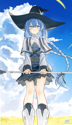  1girl absurdres bare_legs black_dress black_hat black_socks blue_eyes blue_hair blue_sky boots braid braided_twintails capelet clouds collared_dress commentary crossed_bangs dated dress feet_out_of_frame hair_between_eyes hat highres holding holding_staff large_hat long_hair looking_at_viewer meadow mushoku_tensei outdoors parted_lips roxy_migurdia short_dress signature simple_bird sky socks solo staff straight-on twin_braids twintails two-tone_dress very_long_hair wheat_field white_boots white_capelet white_dress witch_hat yisjhui 