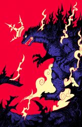  absurdres claws crown dragon floating_crown genc godzilla godzilla_(series) highres kaiju limited_palette monster monster_focus no_humans open_mouth red_background scales sharp_teeth smoke solo spikes spines tail teeth 