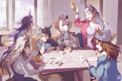  6+girls absurdres ahoge animal_ears beanie black_gloves black_hair black_pants black_shirt blue_eyes blue_pants blue_shirt blue_vest blunt_bangs bow breasts brown_eyes brown_hair brown_hat bubble_tea candy card casual chair closed_eyes closed_mouth coffee commentary cup denim denim_jacket disposable_cup dream_journey_(casual)_(umamusume) dream_journey_(umamusume) drinking_straw ear_bow ear_covers ears_through_headwear english_commentary eyewear_strap fenomeno_(casual)_(umamusume) fenomeno_(umamusume) flipped_hair food food_in_mouth glasses gloves gold_ship_(casual)_(umamusume) gold_ship_(umamusume) grey_hair grey_hat grey_jacket grey_shirt hair_between_eyes hat highres hiro_henuri holding holding_card holding_cup hood hooded_sweater hoodie horse_ears horse_girl horse_tail indoors jacket large_breasts lollipop lollipop_in_mouth long_hair long_sleeves multicolored_hair multiple_girls nakayama_festa_(casual)_(umamusume) nakayama_festa_(umamusume) one_eye_closed open_clothes open_jacket open_mouth orange_hair orfevre_(casual)_(umamusume) orfevre_(umamusume) pants pillbox_hat playing_card purple_hair red_jacket shirt sitting small_breasts smile stay_gold_(casual)_(umamusume) stay_gold_(umamusume) stay_gold_clan_(umamusume) streaked_hair striped_clothes striped_headwear sweater table tail two-tone_hair umamusume vertical-striped_clothes vertical-striped_headwear vest violet_eyes watch watch white_hair white_hoodie white_sweater 