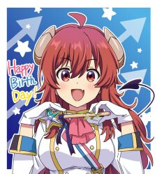  1girl ahoge arrow_(symbol) ascot breasts commentary_request curled_horns demon_girl demon_horns demon_tail fang gloves happy_birthday highres holding holding_wand horns jacket large_breasts long_hair machikado_mazoku nekonyan_(inaba31415) open_mouth red_ascot red_eyes red_hair skin_fang smile solo star_(symbol) tail upper_body wand white_gloves white_jacket yoshida_yuuko 