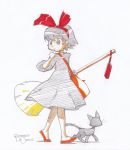  1girl bag black_cat black_dress black_eyes black_hair blush_stickers bow broom cat dress flats hair_bow hairband jiji_(majo_no_takkyuubin) kiki majo_no_takkyuubin marker_(medium) pencil_crayon_(medium) robert_de_jesus short_hair solo traditional_media witch 