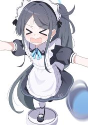  >_< 1girl absurdly_long_hair absurdres apron aris_(blue_archive) aris_(maid)_(blue_archive) ball blue_archive blue_halo chinese_commentary collared_dress commentary_request dress frills halo highres long_hair maid maid_apron maid_headdress mou_buzhiming_huashi neck_ribbon official_alternate_costume open_mouth outstretched_arms pantyhose ponytail puffy_short_sleeves puffy_sleeves ribbon shoes short_sleeves simple_background solo standing standing_on_one_leg very_long_hair white_background white_pantyhose 