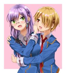  2girls :d absurdres blonde_hair blush border breasts collared_shirt commentary dress_shirt glasses green_eyes grey_hair hair_between_eyes hair_ornament hair_over_one_eye hair_tie hairclip hand_on_another's_cheek hand_on_another's_face heaven_burns_red highres hug izumi_yuki jacket kankitsu_o kayamori_ruka large_breasts long_bangs long_hair long_sleeves looking_at_another low_side_ponytail multiple_girls neck_ribbon necktie one_eye_covered open_clothes open_jacket open_mouth outside_border parallel_hairclips pink_background red_eyes red_necktie red_ribbon ribbon round_eyewear shirt short_hair side_ponytail simple_background smile upper_body v-shaped_eyebrows white_border white_shirt yuri 