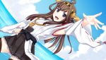  1girl absurdres ahoge blue_eyes blue_sky blush boots brown_hair clouds detached_sleeves double_bun furukawa_tsukumo hair_ornament hairband headgear highres japanese_clothes kantai_collection kongou_(kantai_collection) long_hair nontraditional_miko open_mouth personification skirt sky smile solo thigh_boots thighhighs water 