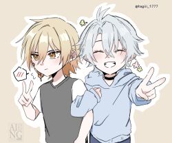  2boys aged_down antenna_hair black_choker black_shirt blonde_hair blue_hoodie blush braid brown_background choker closed_eyes commentary_request facial_tattoo gradient_hair hagiii_1777 highres honkai:_star_rail honkai_(series) hood hood_down hoodie male_focus medium_hair multicolored_hair multiple_boys mydei_(honkai:_star_rail) parted_bangs phainon_(honkai:_star_rail) red_hair red_tattoo shirt short_hair short_sleeves side_braid spoken_blush tattoo twitter_username watermark white_hair white_sleeves yellow_eyes 