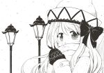  1girl bow breath coat hair_bow hands_together hat jagabutter lamppost lily_white long_hair mittens monochrome scarf snowing solo steam touhou winter_clothes 