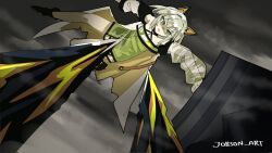  1girl animal_ear_fluff animal_ears arknights cat_ears cat_girl dress english_commentary falling green_dress green_eyes green_hair highres joseph_joestar_fake_car_(meme) kal'tsit_(arknights) meme off-shoulder_dress off-shoulder_jacket off_shoulder scene_reference sideways sleepyowl_(jobkung15) solo spikes twitter_username 