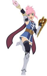  1girl armored_boots artist_request belt black_gloves black_thighhighs black_trim blue_dress boots breasts brown_belt cape dress elbow_gloves estellise_sidos_heurassein estellise_sidos_heurassein_(fedrock_uniform) full_body game_asset gloves green_eyes highres holding holding_rod holding_shield knee_boots looking_at_viewer official_alternate_costume official_alternate_hairstyle official_art open_mouth pink_hair ponytail rod shield short_dress short_hair simple_background sleeveless sleeveless_dress smile solo standing standing_on_one_leg tales_of_(series) tales_of_asteria tales_of_vesperia thigh-highs thighs third-party_source transparent_background vambraces white_trim 