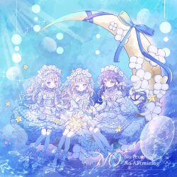  3girls blue_background blue_eyes blue_ribbon blush closed_mouth commentary_request dress flower frilled_dress frills full_body grey_hair hat heterochromia highres long_hair long_sleeves multiple_girls on_crescent original pink_eyes purple_hair ribbon sango_(35sangosan) shoes sitting smile socks star_(symbol) watermark white_dress white_flower white_hat white_shoes white_socks 