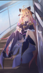  1girl absurdres antenna_hair black_bow black_bowtie black_capelet black_dress black_shoes blonde_hair bow bowtie brooch capelet chinese_commentary commentary_request cure_arcana_shadow diamond_hairband dress frilled_capelet frills hair_bow hair_intakes heart heart_brooch high_heels highres jewelry long_hair looking_at_viewer magical_girl meitantei_precure! moria_luluka precure purple_thighhighs purple_veil red_eyes shoes sitting sitting_on_stairs solo stairs tear_arcana_rod thigh-highs veil very_long_hair wrist_cuffs z-bow 