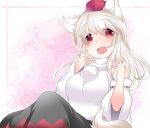  1girl animal_ears bare_shoulders blush detached_sleeves fang hammer_(sunset_beach) inubashiri_momiji long_hair looking_at_viewer open_mouth red_eyes skirt smile solo tail touhou white_hair wolf_ears wolf_tail 