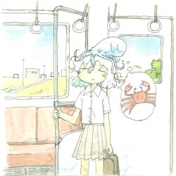  1girl animal animal_on_head briefcase buttons closed_eyes collared_shirt crab field hand_on_railing highres holding holding_briefcase knees_out_of_frame non-web_source octopus on_head painting_(medium) pleated_skirt scan school_briefcase school_uniform self-scan shimeji_simulation shirt short_hair short_sleeves skirt smile solo speech_bubble standing thought_bubble traditional_media train train_interior tsukumizu watercolor_(medium) wheat_field white_hair white_shirt window 