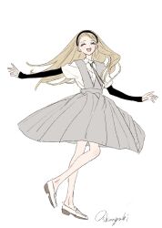  1girl ^_^ black_hairband blonde_hair blush bolo_tie closed_eyes collared_shirt commentary dress facing_viewer full_body fuyuki_manon_(gomibako_(gomibako_price)) gomibako_(gomibako_price) grey_dress grey_skirt hairband happy highres jewelry layered_sleeves long_hair long_sleeves open_mouth original outstretched_arms pinafore_dress school_uniform shirt shoes short_over_long_sleeves short_sleeves signature simple_background skirt sleeveless sleeveless_dress smile solo standing standing_on_one_leg untranslatable_commentary white_background white_shirt white_shoes 