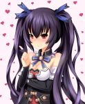  1girl bare_shoulders blush breasts choujigen_game_neptune cleavage detached_collar detached_sleeves frown grav hair_ribbon hair_twirling highres long_hair noire purple_hair red_eyes ribbon solo tears twintails 