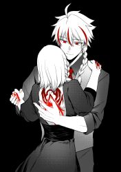  1boy 1girl absurdres ahoge black_background braid braided_ponytail command_spell dancing dress ellmyr fate/strange_fake fate_(series) greyscale highres holding_hands jacket long_hair medium_hair monochrome multicolored_hair necktie red_eyes red_streaks richard_i_(fate) sajou_ayaka_(fate/strange_fake) shirt side_braid single_braid smile spot_color streaked_hair upper_body vest 