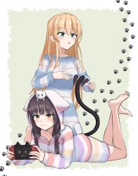  2girls :3 absurdres afterimage animal_ears animal_hood animal_on_head asakura_karen_(heaven_burns_red) barefoot black_hair blonde_hair blunt_bangs blush border cat cat_ears cat_hood cat_on_head cat_tail closed_mouth commentary_request eyes_visible_through_hair fake_animal_ears feet full_body green_background green_eyes hair_between_eyes handheld_game_console hands_up heaven_burns_red highres holding holding_handheld_game_console hood hood_up legs_up long_hair looking_at_another looking_down low_twintails lying motion_lines multiple_girls nintendo_switch on_head on_stomach outside_border pajamas partial_commentary paw_print playing_games playing_video_games sidelocks simple_background sleeves_past_wrists smile soles striped_clothes striped_pajamas tail tail_raised the_pose toes toujou_tsukasa tsurime tsurugi_hisui twintails very_long_hair white_border yellow_eyes zipper 