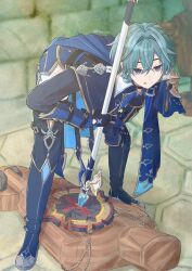  1boy :d ahoge armor belt belt_collar black_belt black_boots black_gloves blue_cape blue_shirt boots cape choker coat collar collared_shirt disaster_and_remorse_(genshin_impact) genshin_impact gloves green_hair hair_between_eyes hair_intakes hand_on_own_knee highres holding holding_polearm holding_weapon leaning_forward lohen_(genshin_impact) long_sleeves looking_ahead male_focus moco_nct mole mole_under_eye multicolored_eyes pants polearm shirt short_hair shoulder_armor smile solo standing target thigh_strap tongue tongue_out twitter_username weapon white_pants 