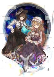  2girls adapted_costume alternate_neckwear black_hat black_ribbon black_skirt blonde_hair blue_eyes book bow brown_eyes brown_hair buttons chair closed_mouth collared_shirt commentary_request frilled_shirt frilled_skirt frills hand_on_chair hand_on_own_hip hat hat_bow hat_ribbon high-waist_skirt highres holding holding_book long_hair long_sleeves maribel_hearn medium_hair mob_cap multiple_girls neck_ribbon open_mouth purple_skirt red_ribbon ribbon shirt sitting skirt smile socks standing star_(sky) touhou unfinished usami_renko uwazumi white_bow white_hat white_shirt white_socks 