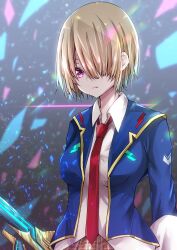  absurdres blue_jacket brown_hair closed_mouth hair_ornament hair_over_one_eye hairpin heaven_burns_red highres jacket kayamori_ruka necktie one_eye_covered open_clothes red_eyes red_necktie shirt short_hair white_shirt yanagiba_sakana 