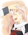  1girl :d bust kantai_collection open_mouth patting_head personification pink_hair school_uniform serafuku smile solo translated yuudachi_(kantai_collection) 