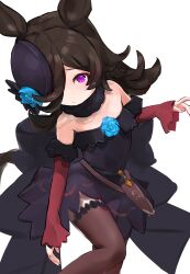  1girl absurdres animal_ears bare_shoulders black_thighhighs blue_dress blue_flower blue_hat blue_rose blush brown_hair closed_mouth dagger dress flipped_hair flower fur_choker hair_over_one_eye hat hat_flower highres horse_ears horse_girl horse_tail knife long_hair long_sleeves looking_at_viewer mugi_no_hikyaku off-shoulder_dress off_shoulder rice_shower_(rosy_dreams)_(umamusume) rice_shower_(umamusume) rose sheath sheathed simple_background solo tail thigh-highs tilted_headwear umamusume violet_eyes weapon white_background 