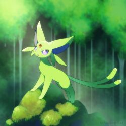  alternate_color commentary_request espeon forehead_jewel forked_tail green_theme hamidashicat highres looking_up no_humans no_sclera pokemon pokemon_(creature) pokemon_focus rock shiny_pokemon standing tail tree violet_eyes 