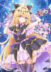 1girl antenna_hair armpits black_bow black_dress black_necktie blonde_hair bow braid brooch commentary_request cure_arcana_shadow dress earrings gradient_hair hair_between_eyes hair_intakes hair_ornament half_up_braid heart heart_brooch highres holding holding_rod jewelry long_hair looking_at_viewer magical_girl mashu-tan meitantei_precure! moria_luluka multicolored_hair necktie parted_lips pink_eyes pink_hair precure purple_nails purple_thighhighs purple_veil rinco rod solo tear_arcana_rod thigh-highs thighs veil wand 