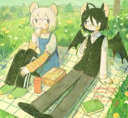  1boy 1girl animal_ears black_hair black_pants black_vest black_wings blue_dress commentary_request commission day dress flower food glasses grey_pants highres holding holding_flower holding_food layered_sleeves long_sleeves looking_at_another mamei_mema mouse_ears original outdoors pants picnic picnic_blanket sandwich short_hair short_over_long_sleeves short_sleeves sitting skeb_commission track_pants vest white_hair wings 