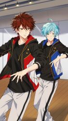  2boys absurdres ahoge black_shirt blue_hair brown_hair closed_mouth commentary_request drawstring ensemble_stars! fingernails floating_clothes green_eyes highres hood hood_down hooded_jacket indoors jacket layered_clothes long_sleeves male_focus morisawa_chiaki multiple_boys nibutani_shinka open_clothes open_jacket pants parted_lips red_eyes shirt short_hair split_mouth star_(symbol) sweat usui_(usui_koi) wooden_floor 