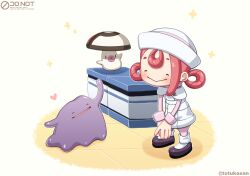  1girl black_shoes blush closed_eyes colored_eyebrows colored_skin commentary_request ditto dress female_protagonist_(pokemon_pokopia) foongus hair_rings hat heart mushroom nurse nurse_cap nurse_joy own_hands_together pantyhose pink_hair pink_pantyhose pink_skin poke_ball_symbol pokemon pokemon_(creature) pokemon_pokopia shoes short_eyebrows slime_(creature) smile socks sparkle tile_floor tiles totukasan white_dress white_socks 