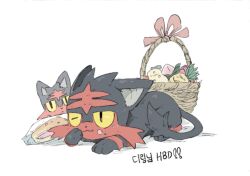  :3 animal_focus avocado_539 basket berry_(pokemon) black_eyes black_fur cat colored_sclera full_body highres litten looking_at_viewer lying malasada no_humans on_stomach one_eye_closed pecha_berry pinap_berry pokemon pokemon_(creature) red_fur red_ribbon ribbon simple_background sitrus_berry white_background yellow_sclera 