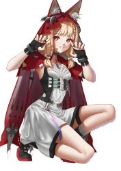  1girl 395z absurdres animal_ears arknights arknights:_endfield black_gloves blonde_hair braid claw_pose commentary dated_commentary dress ears_through_headwear fingerless_gloves gloves highres hood hood_up looking_at_viewer missing_tail on_one_knee orange_eyes rossi_(arknights) simple_background smile solo twintails white_background wolf_ears wolf_girl 