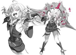  1girl bare_shoulders belt bound bound_wrists briar_(league_of_legends) chained_wrists colored_sclera cropped_legs fingernails full_body hair_over_one_eye heart kineshin league_of_legends multicolored_hair pillory pointy_ears sharp_fingernails sharp_teeth simple_background solo spot_color standing streaked_hair teeth toeless_legwear tongue tongue_out vampire white_background white_eyes 