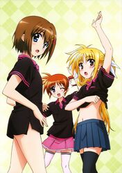  3girls absurdres blush dressing fate_testarossa highres hmv looking_at_viewer lyrical_nanoha mahou_shoujo_lyrical_nanoha mahou_shoujo_lyrical_nanoha_a&#039;s mahou_shoujo_lyrical_nanoha_the_movie_2nd_a&#039;s midriff multiple_girls navel no_pants official_art open_mouth panties skirt smile takamachi_nanoha thighhighs underwear yagami_hayate 