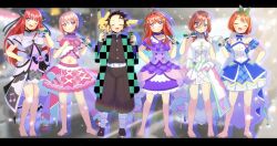  1boy 5girls :d ^_^ barefoot blue_eyes brown_hair butterfly_hair_ornament can closed_eyes commentary_request commission crossover dress energy_drink glowstick go-toubun_no_hanayome hair_ornament holding holding_can kamado_tanjirou kimetsu_no_yaiba kou_hiyoyo long_hair model_train monster_energy multiple_crossover multiple_girls nakano_ichika nakano_itsuki nakano_miku nakano_nino nakano_yotsuba orange_hair pikachu pink_hair pokemon pokemon_(creature) red_hair ribbon short_hair siblings sisters skeb_commission smile 