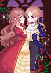  blush braid closed_mouth curly_hair dancing dress flower frilled_dress frills hiiragi_nemu holding_hands long_hair looking_at_another magia_record:_mahou_shoujo_madoka_magica_gaiden mahou_shoujo_madoka_magica momo_tomato red_eyes red_flower red_rose rose satomi_touka smile sparkle yuri 