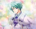  1boy dragon&#039;s_dogma fur_cape green_hair harumaki-g light_smile short_hair solo violet_eyes 