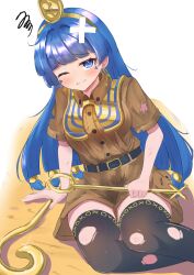  1girl absurdres belt belt_buckle black_belt black_thighhighs blue_eyes blue_hair blunt_bangs blush breasts brown_shirt brown_shorts buckle buttons commentary_request crossed_bandaids defeat feet_out_of_frame glint gold_hairband hair_intakes hairband highres holding holding_scepter long_hair medium_breasts michigami_nareko on_ground one_eye_closed parted_lips pico_kimuchi pocket sand scepter shirt short_sleeves shorts solo spoken_squiggle squiggle thigh-highs torn_clothes torn_shirt torn_thighhighs touhou usekh_collar white_background 