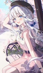  1girl absurdres alternate_costume alternate_hairstyle belt beret black_belt black_hat black_ribbon blue_eyes blue_hairband blurry blurry_background casual cherry_blossoms commentary english_commentary falling_petals floating_hair flower genshin_impact hair_flower hair_ornament hairband hand_up hat highres kamisato_ayaka kokonex looking_at_viewer mole mole_under_eye on_bench open_mouth outdoors petals pink_skirt ribbon shirt signature sitting skirt sleeveless sleeveless_shirt smile solo white_hair white_shirt 