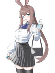  1girl absurdres alternate_costume amiya_(arknights) animal_ears arknights ascot bag black_bag black_skirt black_thighhighs blue_ascot blue_eyes bright_pupils brown_hair collared_shirt commentary cowboy_shot cup diamond-shaped_pupils diamond_(shape) english_commentary highres holding holding_cup jewelry long_hair long_sleeves looking_at_viewer multiple_rings open_mouth rabbit_ears rabbit_girl ring shirt simple_background skindentation skirt small_sweatdrop solo spam_(spamham4506) symbol-shaped_pupils thigh-highs white_background white_pupils white_shirt 