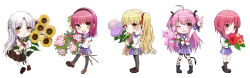  5girls :d ;d ahoge angel_beats! arm_up black_boots black_hairband black_pantyhose black_ribbon black_skirt black_thighhighs blonde_hair blue_flower blue_sailor_collar blue_skirt blunt_bangs blush boots bouquet bow chibi chibi_only closed_mouth commentary_request crossed_arms eyes_visible_through_hair fang flower full_body green_bow green_eyes hair_between_eyes hair_bow hair_ribbon hairband half_updo happy headset highres holding holding_bouquet holding_flower index_finger_raised iwasawa_masami jacket kneehighs leaf leg_ribbon long_hair long_sleeves looking_at_viewer medium_hair miniskirt multiple_girls nakamura_yuri neckerchief negiko123123 one_eye_closed open_mouth orange_eyes pantyhose parted_bangs parted_lips pink_eyes pink_flower pink_hair pink_neckerchief pleated_skirt purple_flower purple_hair red_flower red_hair red_ribbon ribbon sailor_collar sailor_shirt school_uniform shirt sidelocks skin_fang skirt smile socks standing sunflower tachibana_kanade thigh-highs thigh_strap twintails two_side_up very_long_hair white_flower white_hair white_shirt white_socks yellow_eyes yellow_jacket yui_(angel_beats!) yusa_(angel_beats!) zettai_ryouiki 