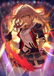 1girl absurdres black_jacket black_skirt dragon energy explosion explosion_background gloves grey_hair highres honkai:_star_rail honkai_(series) isome jacket long_hair multiple_girls nunchaku shirt skirt stage_lights stelle_(honkai:_star_rail) thigh_strap trailblazer_(honkai:_star_rail) weapon white_shirt yellow_eyes 