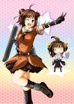  2girls ahoge boots brown_eyes brown_hair detached_sleeves double_bun hand_on_hip highres kantai_collection kongou_(kantai_collection) long_hair long_sleeves multiple_girls naka_(kantai_collection) nontraditional_miko personification pleated_skirt skirt sorairo_porin thigh_boots thighhighs v wide_sleeves wink zettai_ryouiki 