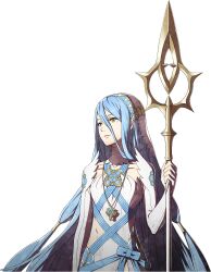  1girl artist_request azura_(fire_emblem) blue_bow blue_hair blue_ribbon bow breasts closed_mouth cowboy_shot dress elbow_gloves fingerless_gloves fire_emblem fire_emblem_fates gloves hair_between_eyes headdress holding holding_polearm holding_weapon jewelry long_hair looking_ahead official_art pendant polearm ribbon simple_background solo standing third-party_source transparent_background very_long_hair weapon white_dress yellow_eyes 