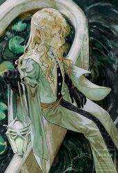  1boy 6_(reverse:1999) black_gloves blonde_hair blue_eyes closed_mouth feet_out_of_frame from_above gloves hakyusiku highres holding holding_lantern lantern lily_pad long_hair looking_at_viewer male_focus official_alternate_costume reverse:1999 robe sitting solo water watermark white_robe 