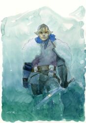  1boy armor balder_(marvel) black_gloves black_pants cape esad_ribic frown fur_cape gloves greaves grey_helmet grey_tunic helmet holding holding_sword holding_weapon initial male_focus marvel no_pupils painting_(medium) pants pelt solo spiked_helmet sword third-party_source thor_(marvel)_(series) traditional_media tunic watercolor_(medium) weapon 