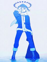  1boy adjusting_clothes adjusting_headwear belt boots commentary_request full_body hair_over_one_eye halo hand_up hat highres holding holding_sack jacket kazehiki_(utau) lace-up_boots legs_apart long_sleeves looking_at_viewer male_focus pants parted_lips sack santa_costume santa_hat scarf short_hair solo standing tadanoco utau watermark 