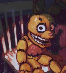  1boy 482egg animal_ears animal_nose chair five_nights_at_freddy's five_nights_at_freddy's_4 furry furry_male highres humanoid_robot indoors looking_at_viewer mechanical_ears on_chair plushtrap rabbit_boy rabbit_ears robot shadow sharp_teeth sitting snout solo teeth wooden_chair 