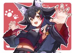  1girl animal_ear_fluff animal_ears bell black_hair black_sailor_collar black_skirt fang highres hololive mocchan_(mo_chan0225) ookami_mio sailor_collar skirt upper_body wolf_ears wolf_girl yellow_eyes 